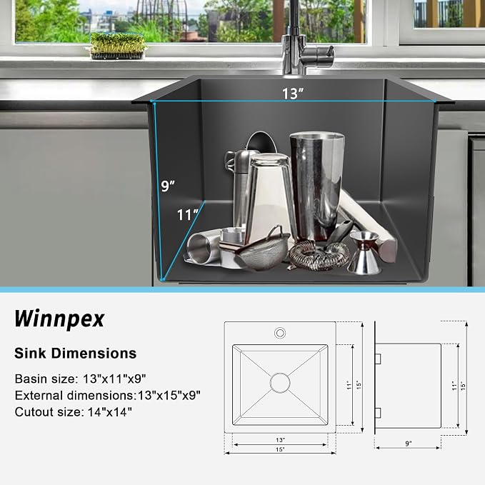 15 x 15 inch Drop in Bar Sink Black, Gunmetal Black Bar Sink 18 Gague Topmount