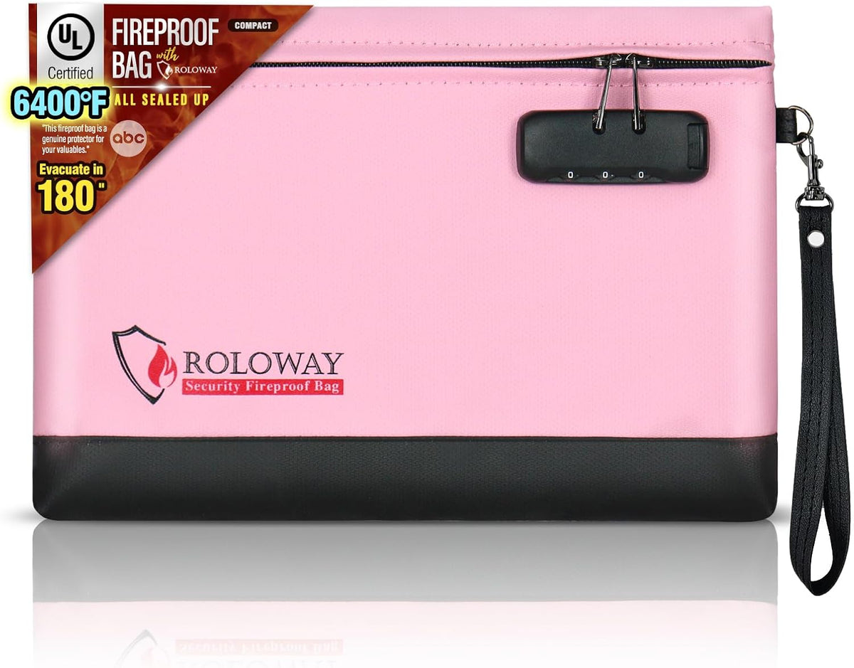 ROLOWAY Fireproof Money Bag with Lock for Cash, 6400°F Fire Proof Document Bag (12.2 x 8.5 x 1.6 inches), Money Pouch with Zipper (Pink)
