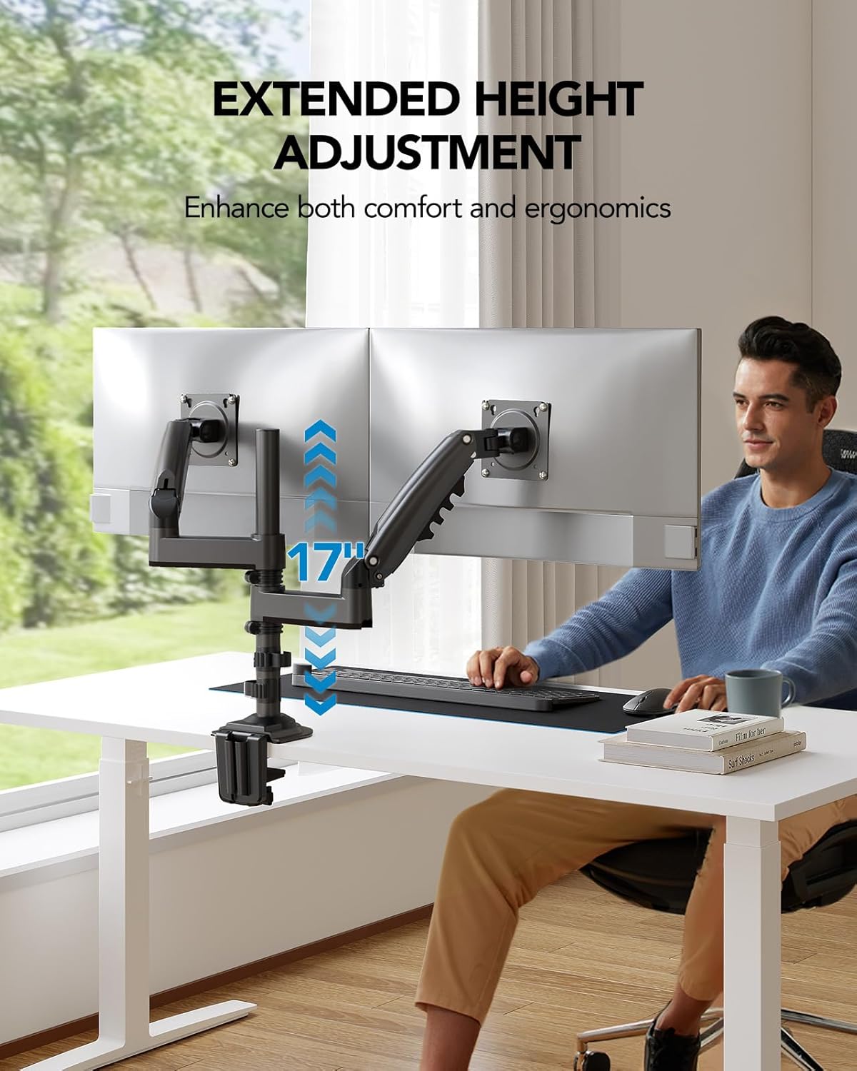 HUANUO 17-32 Inch Dual Monitor Stand, Gas Spring Dual Monitor Mount, Monitor Stand 2 Monitors, Ergonomic Adjustable Tilt/Swivel/Rotate, Weight Max 19.8 lbs, VESA 75/100mm