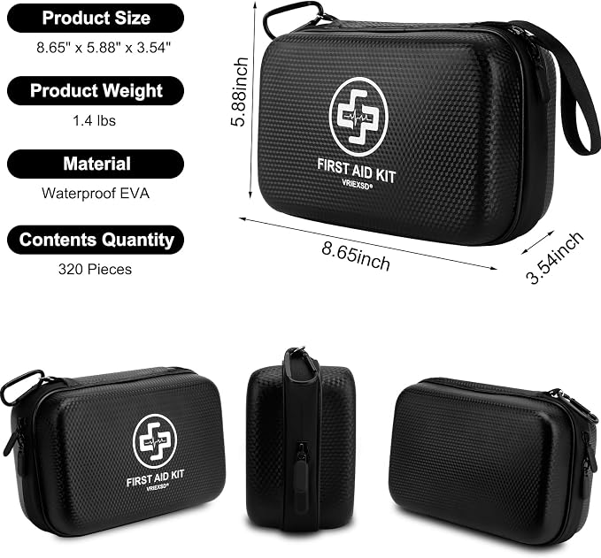 Premium First Aid Kit, 320 Piece Waterproof Hard Shell Eva First Aid Kit
