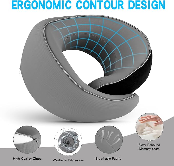 Adjustable Memory Foam Grey U-Shaped Travel Pillow