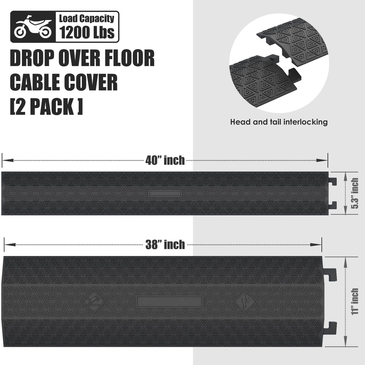 Double 40" inch Rubber Drop Over Cable Cover, 2 Pack Prevent Tripping Floor Cord Protector, Interlocking Cable Cover, Drop Track Cable Ramp, for Home, Office, Store, Warehouse (Wide - 2Pack)