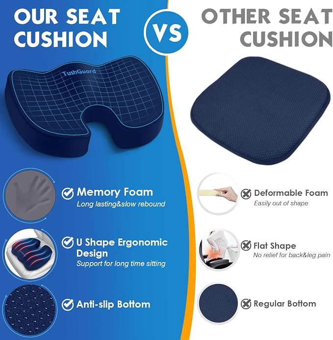 TushGuard Seat Cushion for Office Chair Memory Foam Non-Slip Desk Seat Cushion