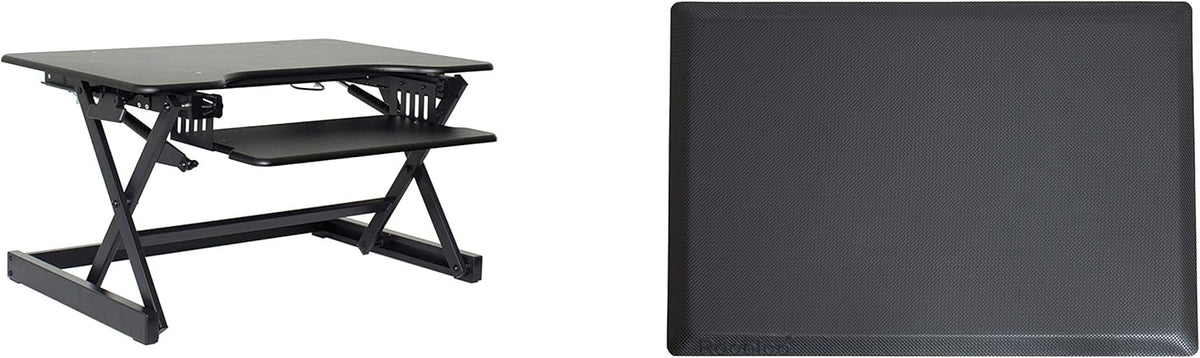 Rocelco 32" Height Adjustable Standing Desk Converter BUNDLE - Sit Stand Computer Workstation Riser with Anti Fatigue Mat - Dual Monitor Retractable Keyboard Tray Gas Spring - Black (R EADRB-MAFM)