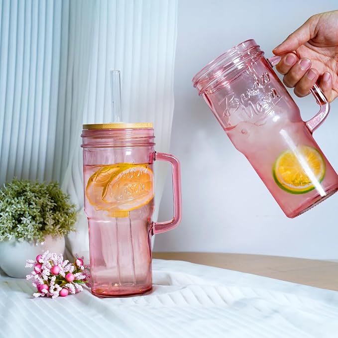 ANOTION Glass Cups with Handle, 24oz Glass Cups with Lids and Straws Travel Coffee Mug Bamboo Mason Jar Iced Cup Smoothie Tea Clear Cute Water Drinking Jars Glasses