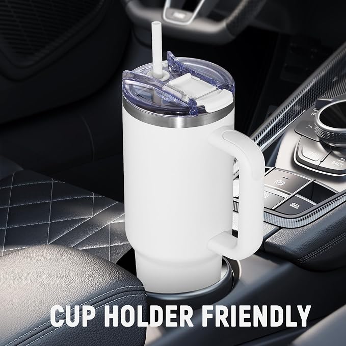 COKTIK 40 oz Tumbler With Handle and Straw, Insulated Tumbler With Leakproof Lids, Stainless Steel|BPA-Free, Cold for 24 H (Snow)
