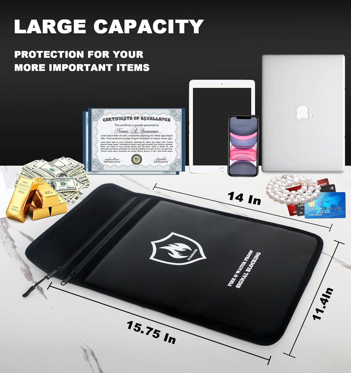 6200°F Upgraded Fireproof Document Bag, 15.7" x 11.4" Faraday Bag, Water Resistant Fireproof Money Bag with Zipper, 18 Layers of Heat Insulated Materials, RFID Blocking Bag, Anti-Theft Anti-Tracking