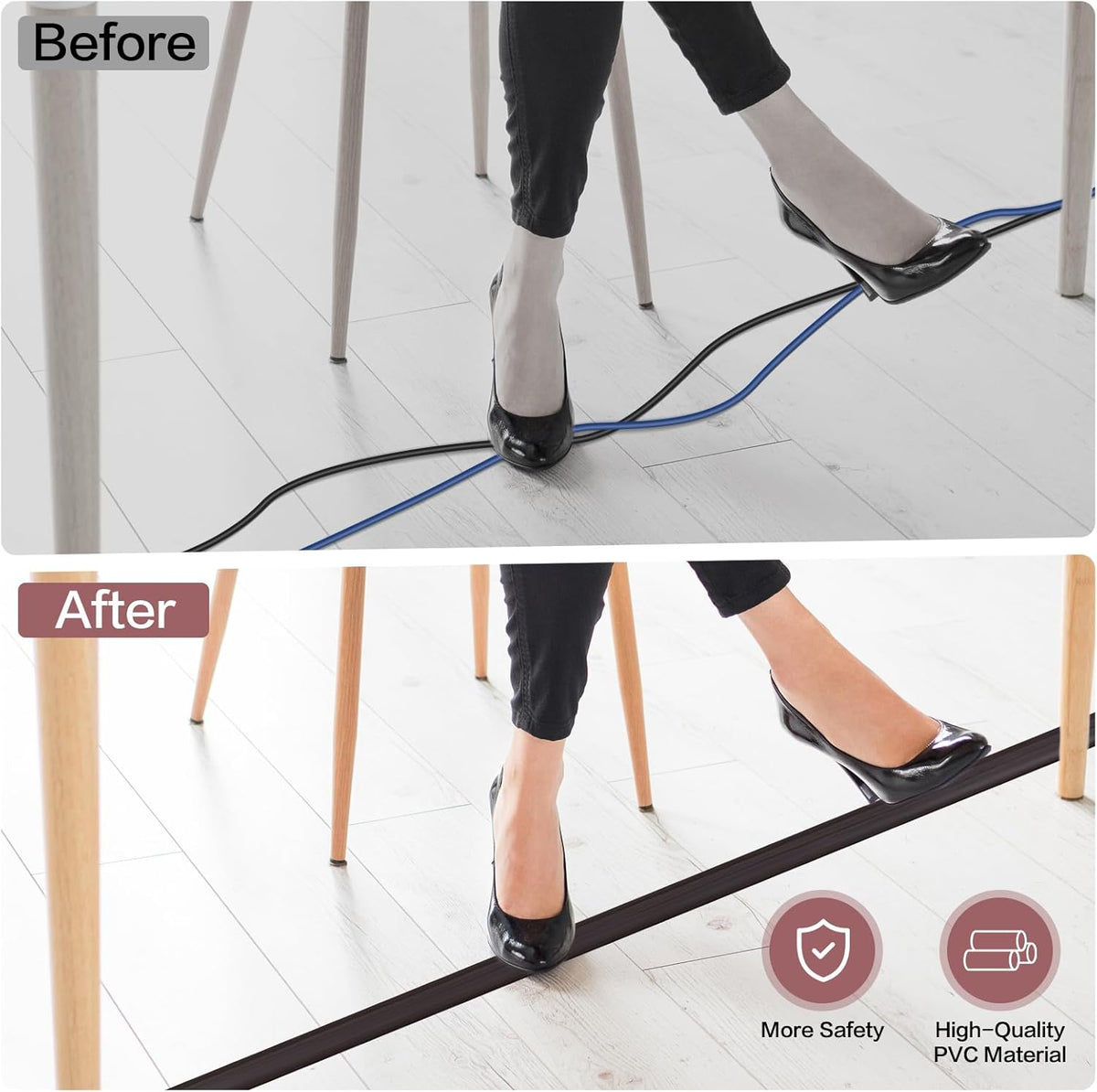 Floor Cord Cover Self Adhesive Cord Hider Floor Extension Cord Covers for Floor Power Cord Protector Cable Management Prevent Cable Trips Cable Cavity 0.51" W x 0.31" H (Dark Walnut, 20Ft)