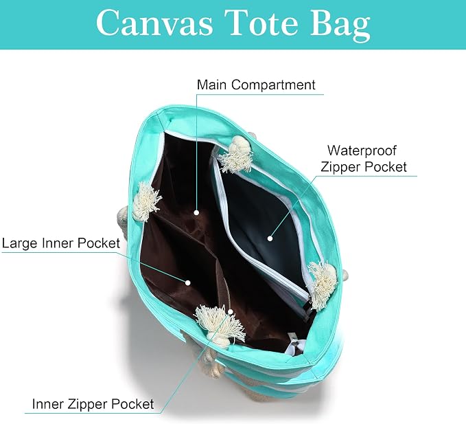 YOOLIFE Initial Canvas Waterproof Beach Tote Bag Zipper Personalized Gifts