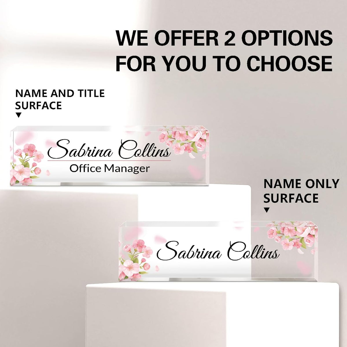Name Plate for Desk, Desk Name Plate Personalized, Pink Office Decor for Women Men, Acrylic Desktop Accessories, Office Gifts for Boss Nurse Teacher Coworker, Employee Appreciation Gift (Flowers A)