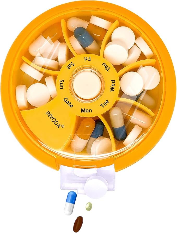 INVODA Weekly Pill Organizer 7 Compartment Rotating Pill Box