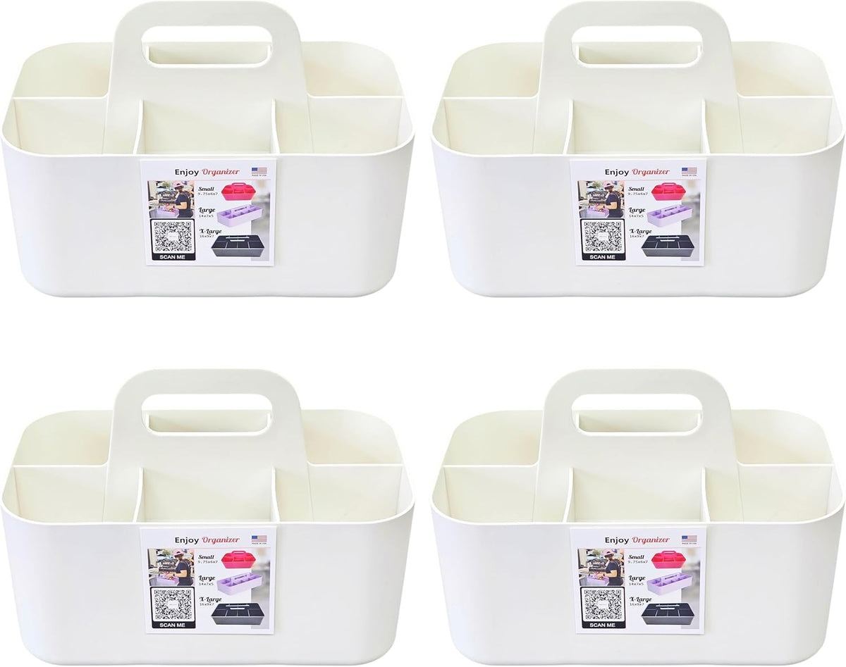 Small Stackable Plastic Caddy with Handle 6 Compartment | Desk, Makeup, Dorm Caddy, Classroom Art Organizers - 4 Pack, Made In USA (Ivory)