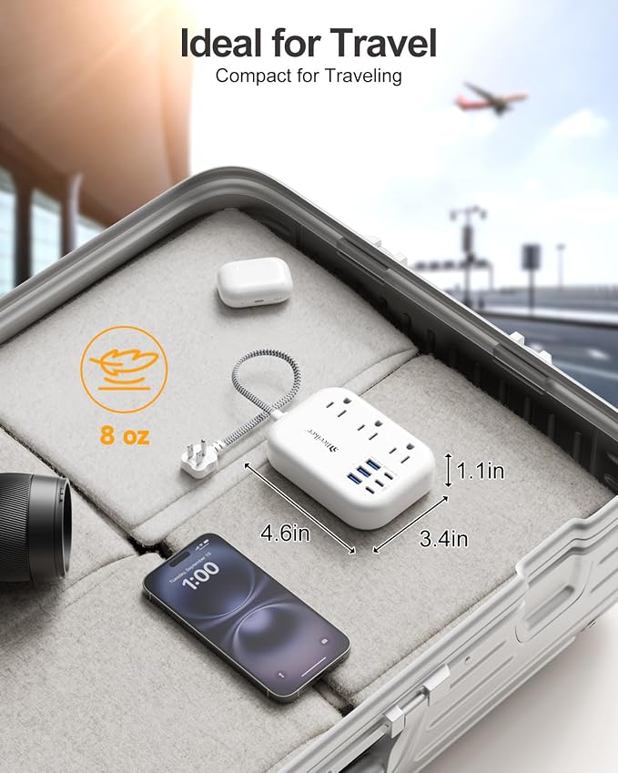 Short Extension Cord 2 Foot- 6 USB Travel Power Strip