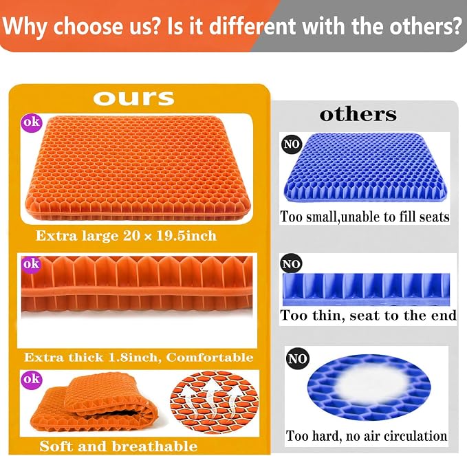 Plus Size Gel Seat Cushion for Long Sitting, Extra Large and Thick, Seat