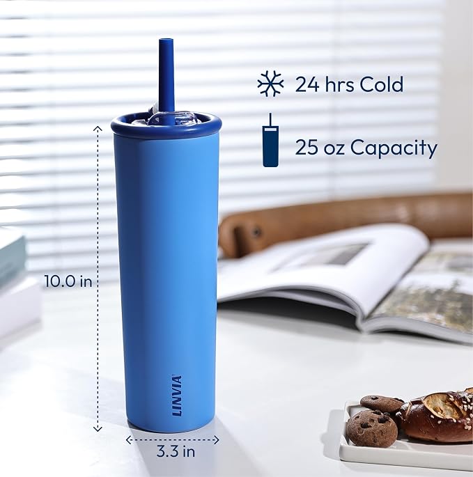 Candy Tumbler, 25 oz Insulated Stainless Steel Water Bottle, 2-in-1 Lid with Flexible Straw, BPA-Free, Cup Holder Friendly, Dishwasher Safe, Ocean Blue