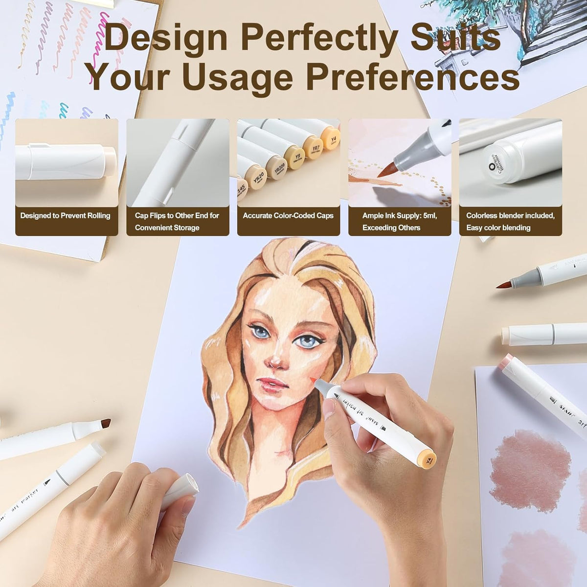 SFAIH Light Skin Tone Marker Pens 11 Colors + Mixed Color 0 - Dual Brush & Chisel Tips Art Marker Set for Portraits Coloring Drawing