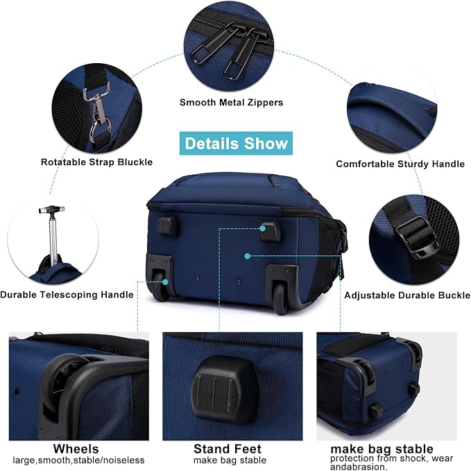 Rolling Backpack for Adults, 17inch Laptop Travel Backpack