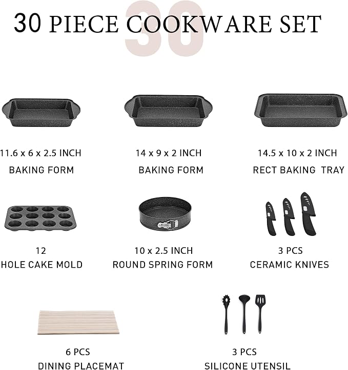 MAISON ARTS 30 Piece Pots and Pans Set Non Stick, Kitchen Cookware & Bakeware