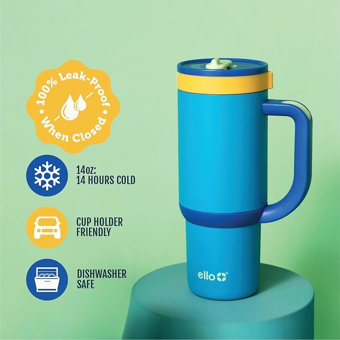 Ello Oasis 14oz Stainless Steel Toddler Tumbler with Handle & Retracting Straw, 100% Leakproof, Double-Wall Vacuum Insulated, Kids Water Bottle for School, BPA Free, Dishwasher Safe, Glacier
