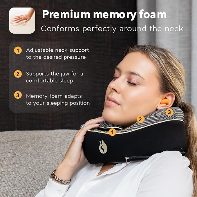 Travel Pillow - Airplane Neck Pillow - 100% Pure Memory Foam Flight Pillow