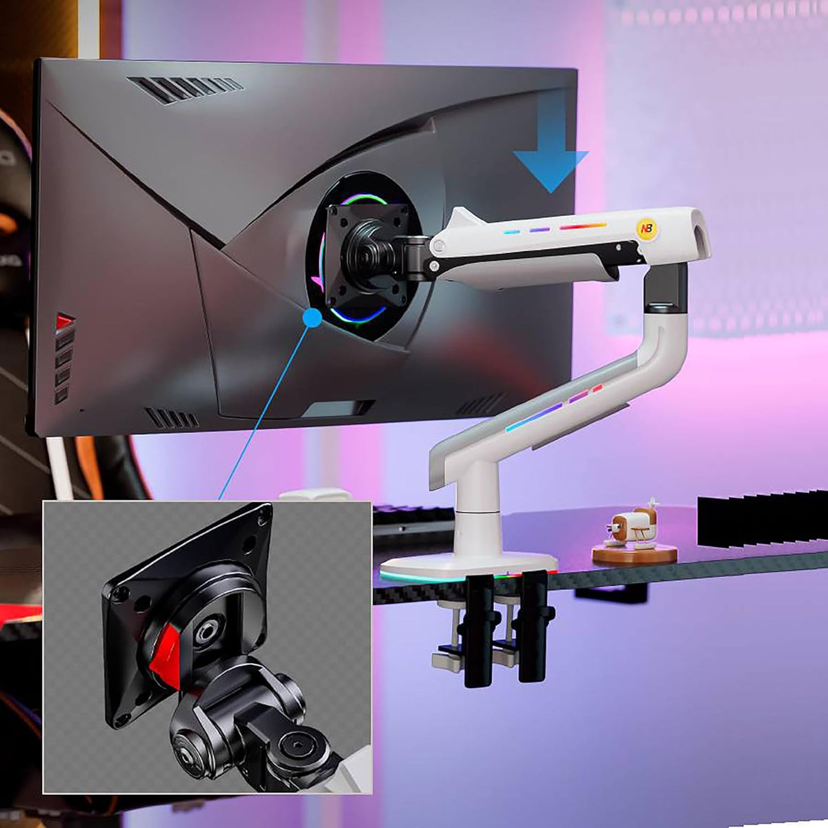NB Gaming Monitor Arm or for 32 to 60 Inches Screen, Load up to 20 kg, VESA 75/100, RGB-Light, Heavy Duty, Multi Angle Adjustable, Premium Aluminum, White