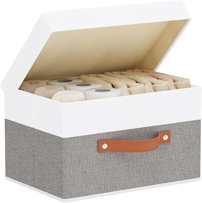 Fabric Storage Boxes with Lids, Linen Foldable Cloth Baskets, Closet Organizer