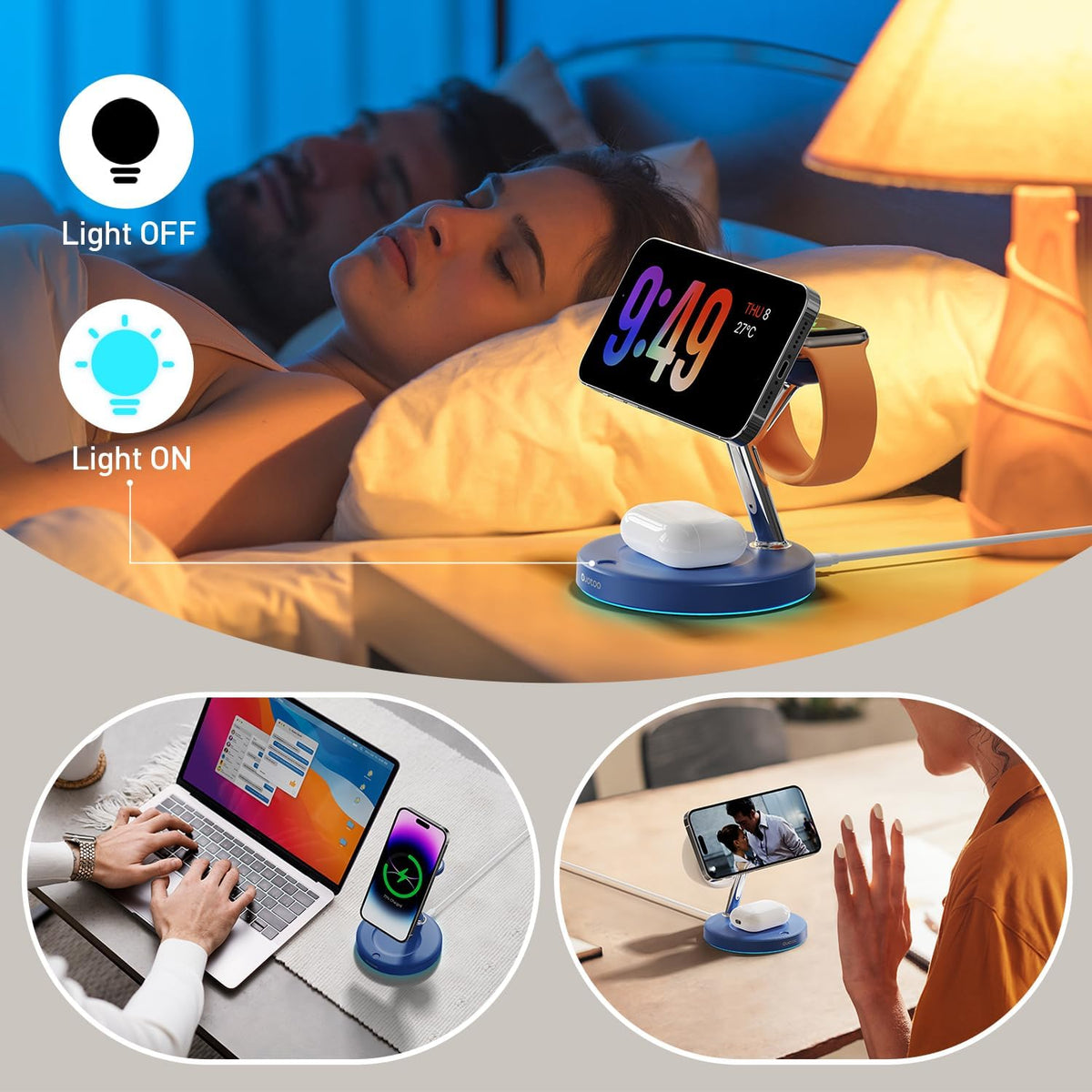 3 in 1 Charging Station Compatible with Mag-Safe Charger Wireless Charger Stand for iPhone 16 15 14 13 12 Series Wireless Charging Station for AirPods Wireless Charging Stand for iWatch Series (Blue)
