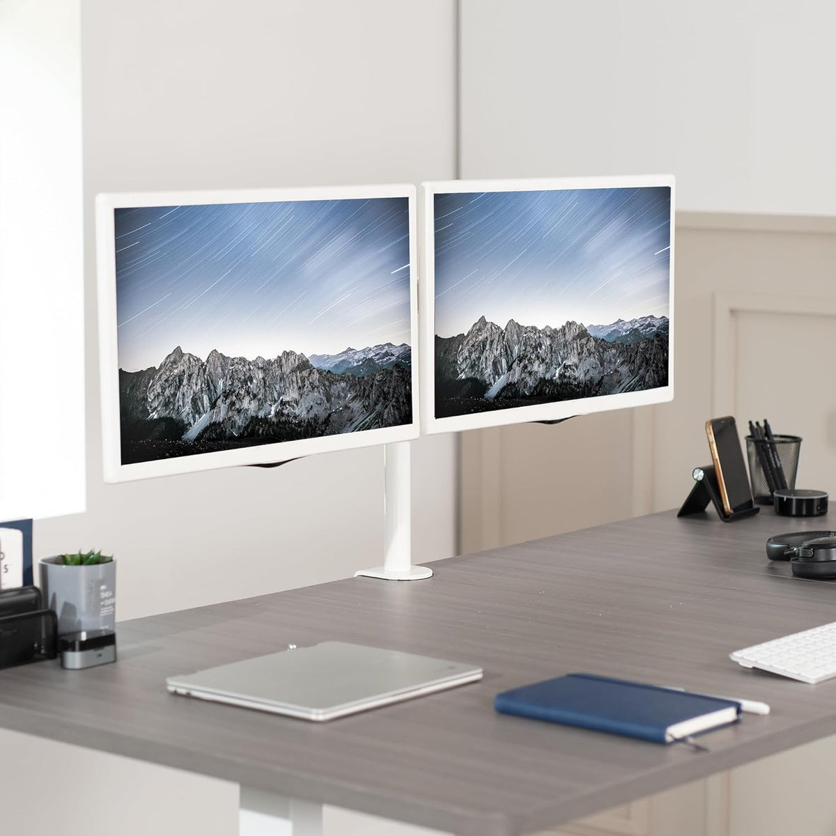 VIVO White Dual 13 to 27 inch LCD LED Monitor Desk Mount Stand with C-clamp and Bolt-Through Grommet, Heavy Duty Fully Adjustable Arms for 2 Screens STAND-V002W