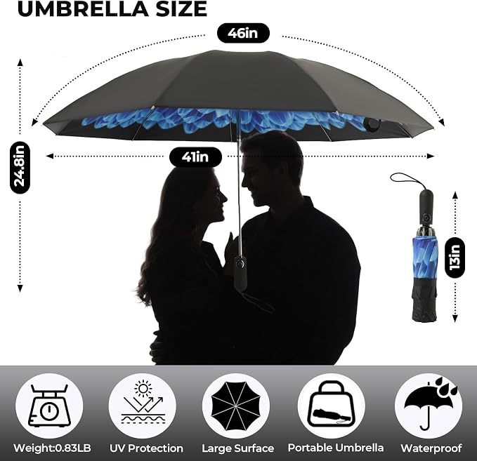 Compact Inverted Travel Umbrella, Automatic Open Close, 9-Rib 46 Inch Windproof
