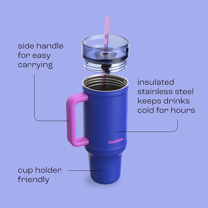 bubba 40 oz Insulated Stainless Steel Tumbler with Handle and Straw - Leakproof, Dishwasher Safe, Cup Holder Tumbler, Lead-Free and BPA-Free, Ocean Energy