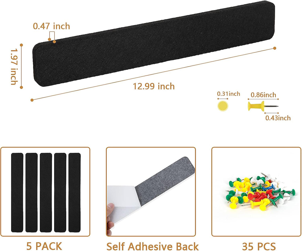 5 Pack Felt Pin Board Bar Strips Bulletin Board for Bedrooms Offices Home Wall Decoration, Notice Board Self Adhesive Cork Board with 35 Push Pins for Paste Notes, Photos, Schedules (Black)