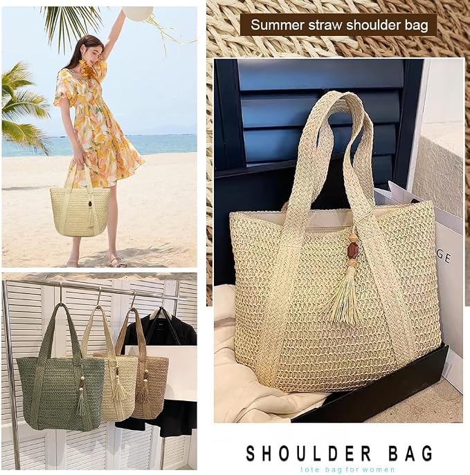 Straw Beach Bags for Women Woven Beach Tote Bag Casual Boho Large Shoulder