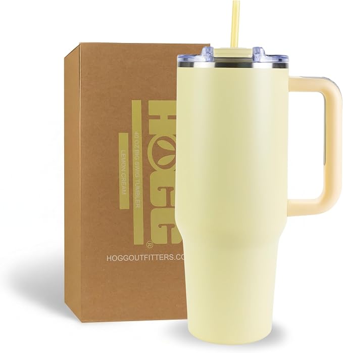 Hogg Big Swig 40 oz Tumbler with Handle and Straw - Lemon Cream, 40oz Insulated Stainless Steel, Water Tumbler with Straw, Water Cup with Handle, Versatile Leak Proof Lid