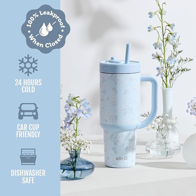Ello Oasis 40 oz Tumbler with Handle & Retracting Straw | Reusable Insulated Stainless Steel Cup 100% Leakproof, Gifts for Teens Women Men | Keeps cold for 24 Hours, Cup Holder Friendly, Sweet Alyssum