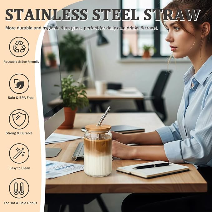 2 Packs Ribbed Glass Tumbler with Lid and Straw 16 oz Vintage Ice Coffee Cup Set Bulk Simple Smoothie Juice Matcha Tea Water Slushie Clear Hot Drink Glasses Travel Mug Modern Kitchen Glassware