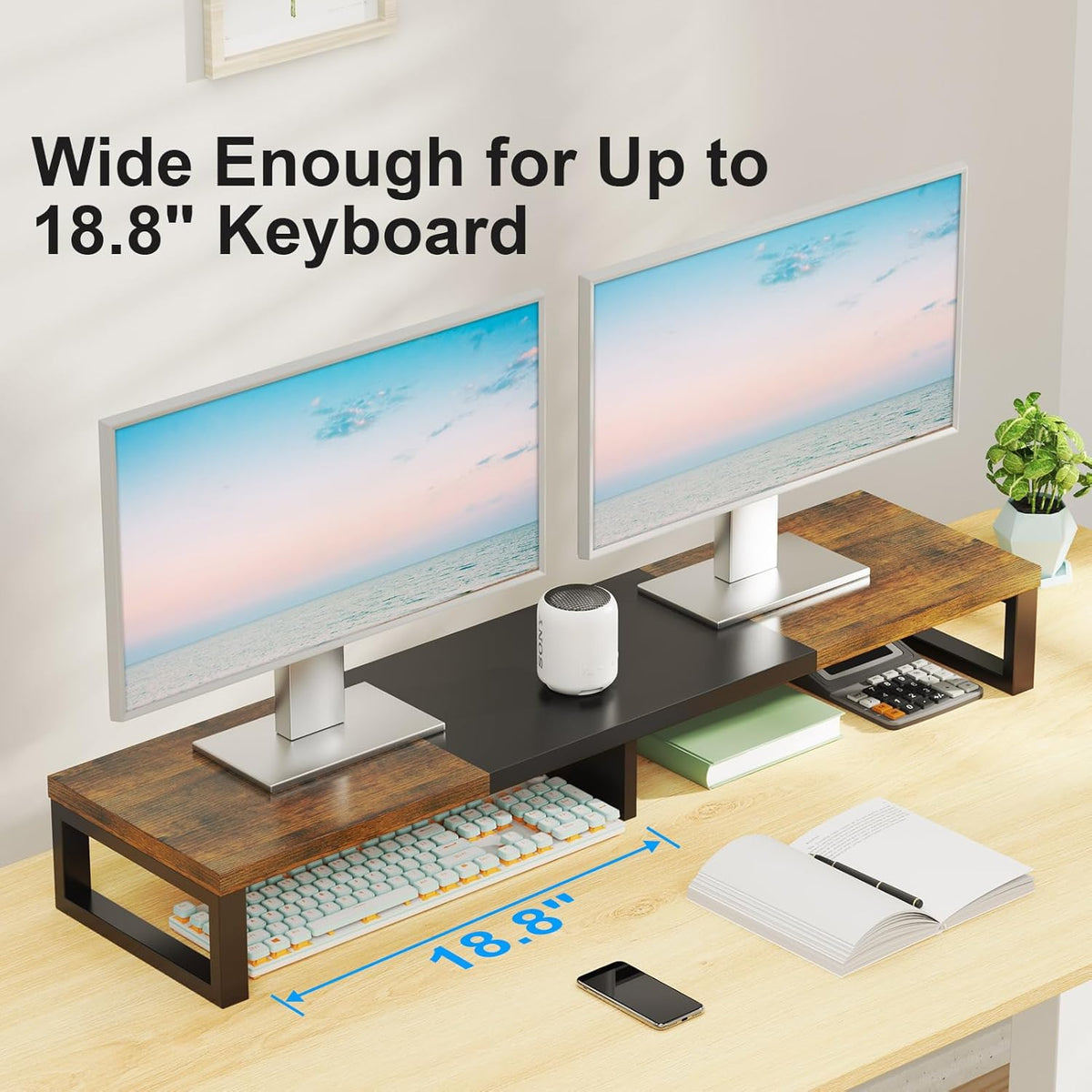 Zimilar Dual Monitor Stand Riser, Large Monitor Stand for Desk, Wood Monitor Riser with Storage Organizer for Home Office, Monitor Stands for 2 Monitors, Desktop Wooden Monitor Riser for Computer