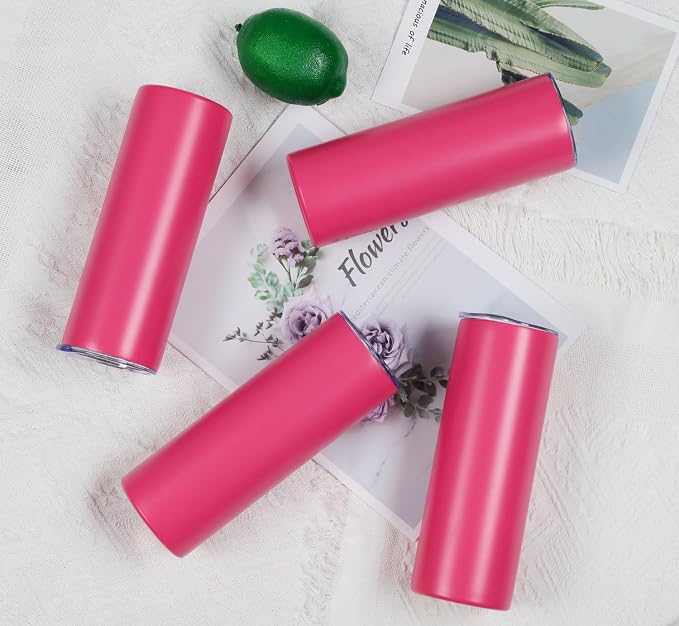 4 Pack 20 Oz Straight Skinny Tumblers,Individually Gift Boxed Stainless Steel Slim Skinny Tumbler Set Bulk, 20 Oz Insulated Slim Thin Travel Tumbler Cup for Diy,Hot Pink