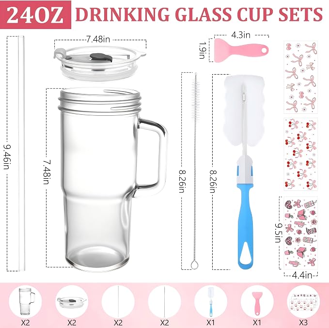 Birity 24oz Pink Bow Glass Cups with Lids and Straws,2 Set Glass Tumbler with Handle,Galss Cup with Stickers and Aesthetic Iced Coffee Cup for Smoothies,Tea,Juice,Boba,Christmas Gifts for Women
