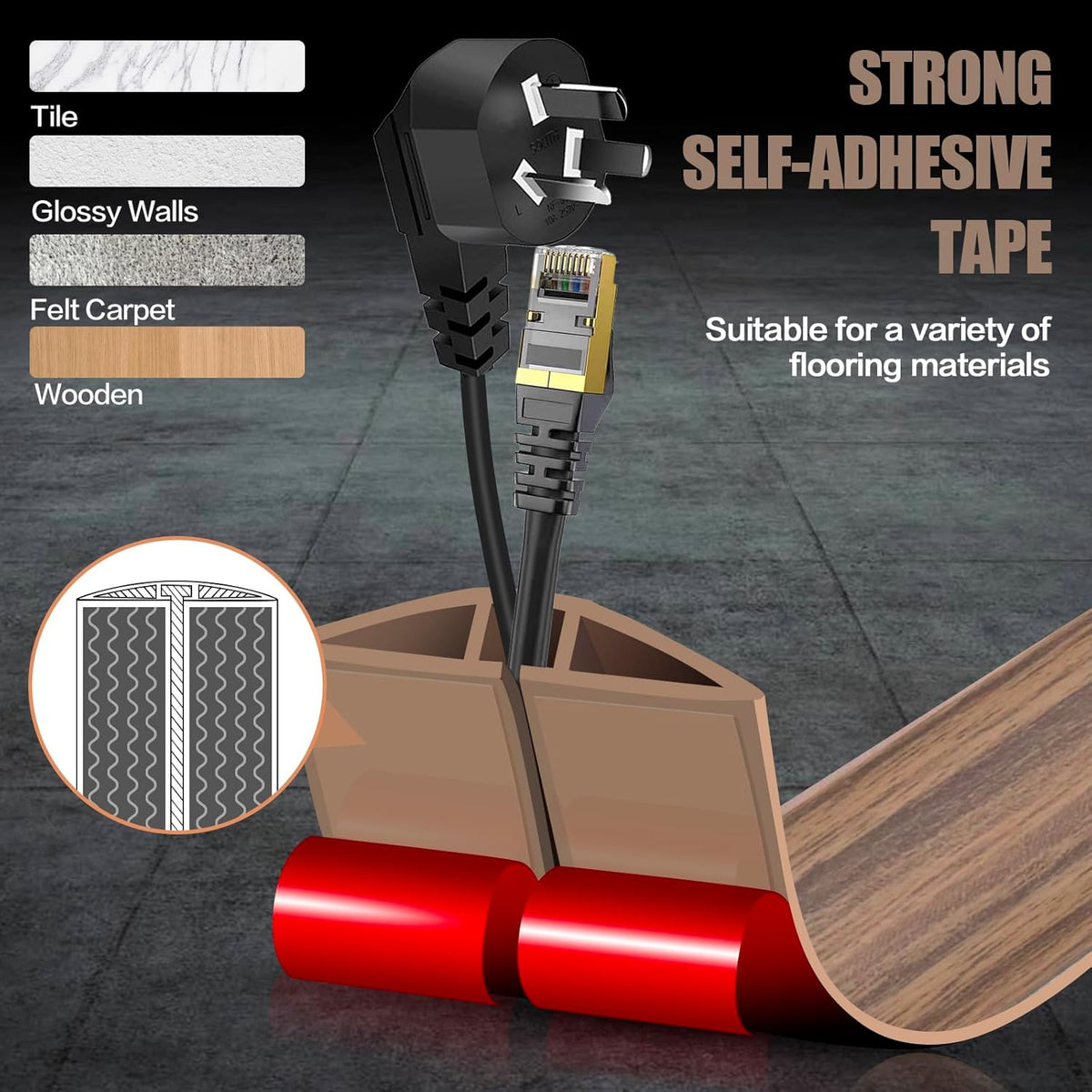 Floor Cord Cover Self Adhesive Cord Hider,10FT Cable Management, Extension Strip Protector for Wires, Prevent Cable Trips for Offices, Gyms, Exhibitions Cavity:0.47"(W) x0.35(H) Woodsmokedbrown