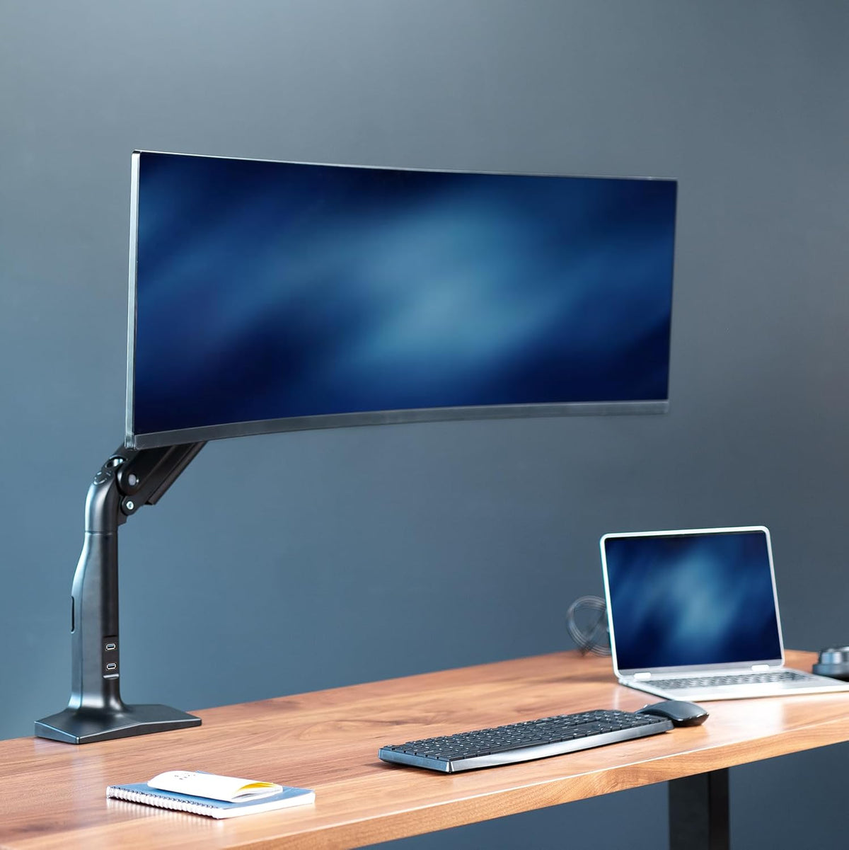 VIVO Aluminum Ultrawide Monitor Stand, Classic + USB, Fits up to 49 inch Screens, Single Articulating Pneumatic Arm, USB Ports, C-Clamp and Grommet Desk Mount, Max VESA 200x100, Black, STAND-V100HU