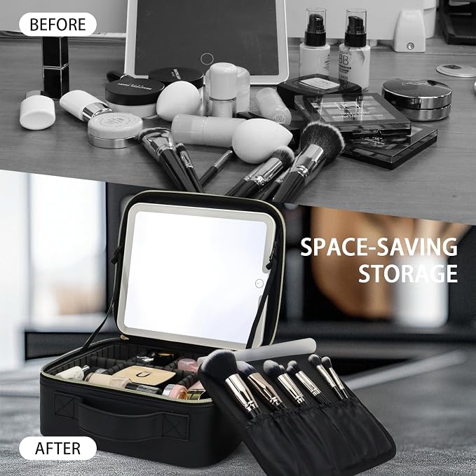 Makeup Bag with Led Mirror, Travel Makeup Organizer with 3 Color Setting