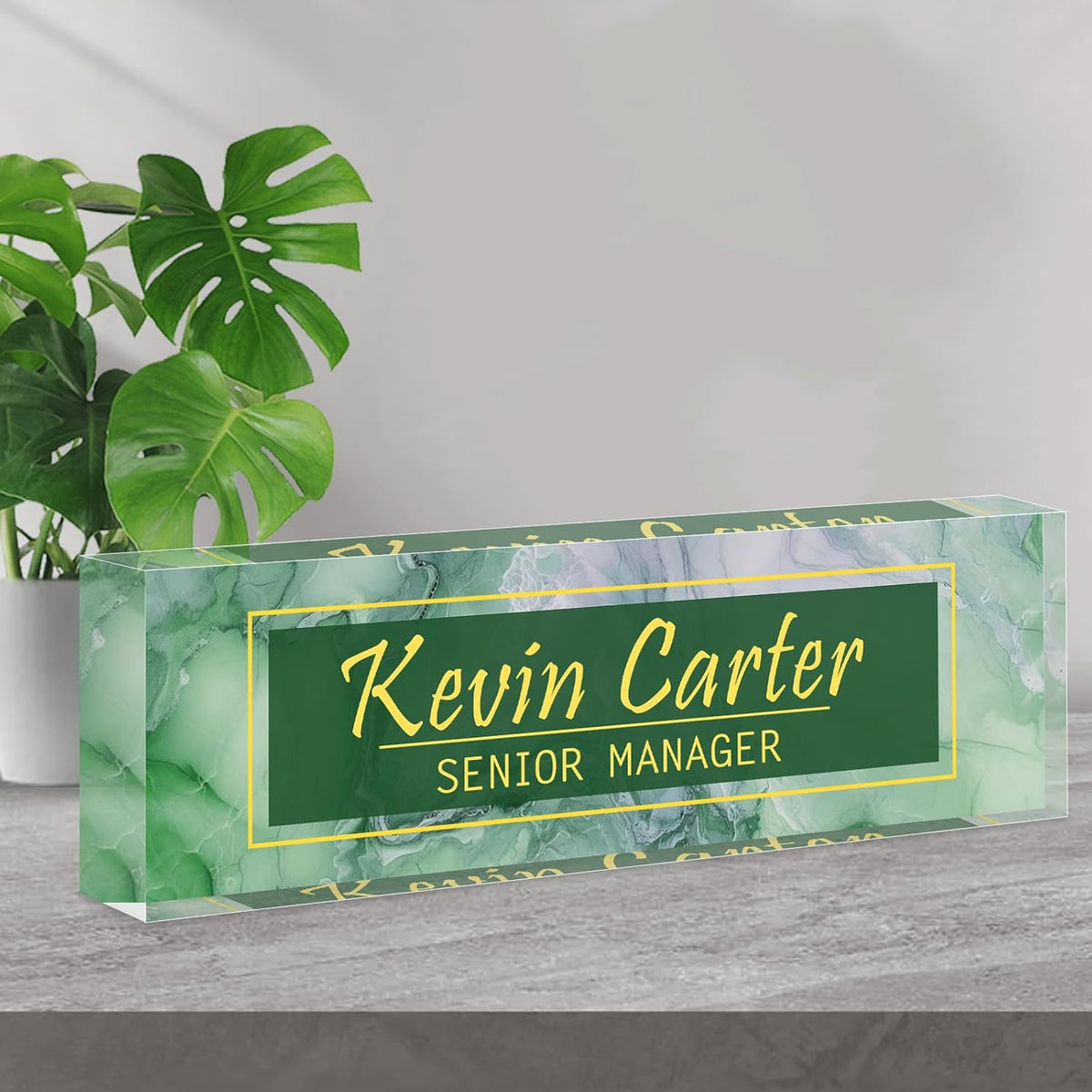 Name Plate for Desk Personalized, Acrylic Desk Decorations, Employee Appreciation Gifts, Custom Office Gifts for Coworkers, Boss, Teacher, Nurse (Green White Marble)