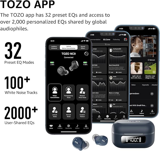 TOZO NC9 Hybrid Active Noise Cancelling Wireless Earbuds, 6 Mics ENC Clear Call