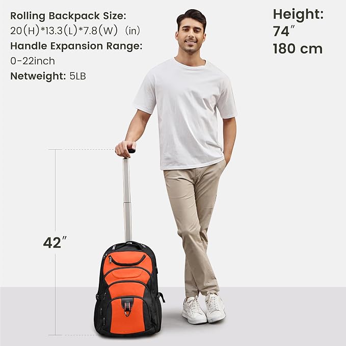 Boavan Rolling Backpack, 17 inch Water Resistant Wheeled Backpack, Carry on