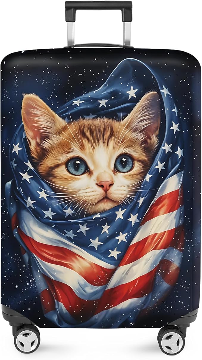 ANNA QUEEN Cute Patriotic Cat Luggage Cover, American Flag Suitcase Protector