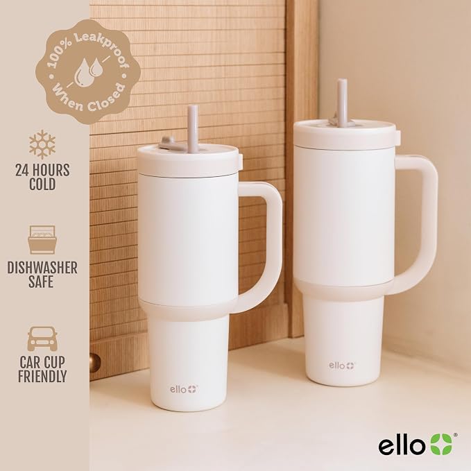 Ello Oasis 24 oz Tumbler with Handle & Retracting Straw | Reusable Insulated Stainless Steel Cup 100% Leakproof, Gifts for Teens Women Men | Keeps cold for 24 Hours, Cup Holder Friendly, Cream Tonal