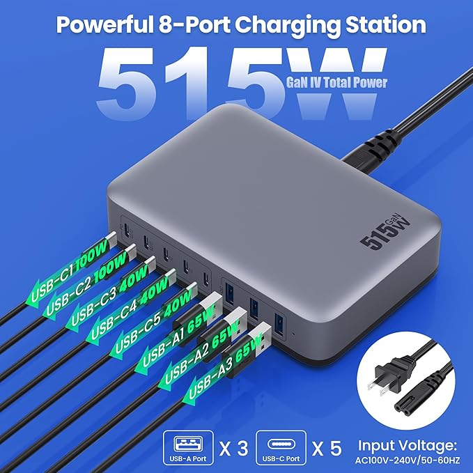 USB C Charger Block 515W GaN IV 8 Port Fast Charging Station Hub, Dual PD 100W