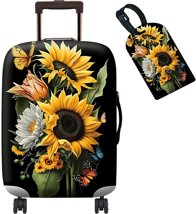 Suitcase Protector Plus 1 Luggage Tag, Sunflower Orchids Travel Suitcase Cover