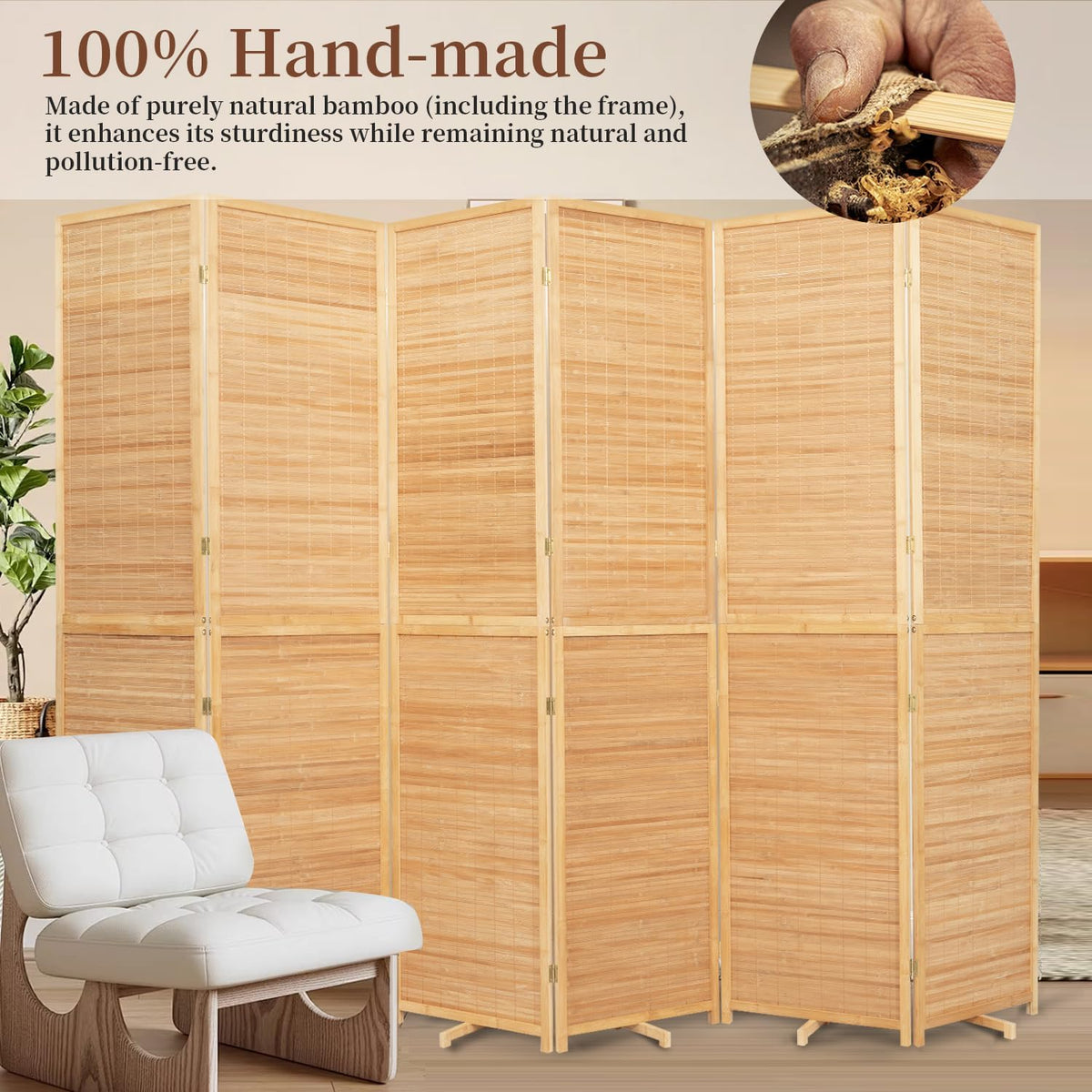 Bamboo Room Divider 6 Panel Wall Divider, 106'' W x 67'' H Folding Design with Extra Stable Base, 100% Bamboo Room Divider Screen for Room Separation, Chinese Room Partitions and Dividers Freestanding