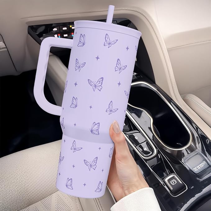 Butterfly Gifts for Women, Purple Butterfly Tumbler with Handle, Stainless Steel Insulated Coffee Travel Mug Cup, Gifts for Women Girls on Birthday Christmas, 40oz